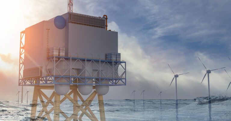 Seascape with semi-transparent installations overlayed (wind turbines and a platform with technical equipment)