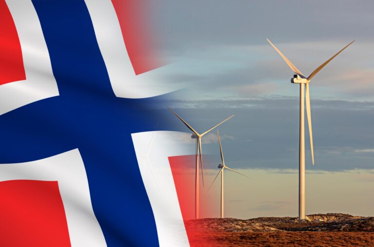 Flag of Norway overlayed next to picture of wind turbines