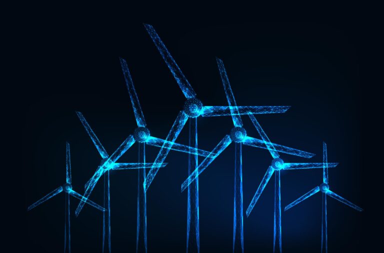 Computer-generated image of wind turbines on black background.