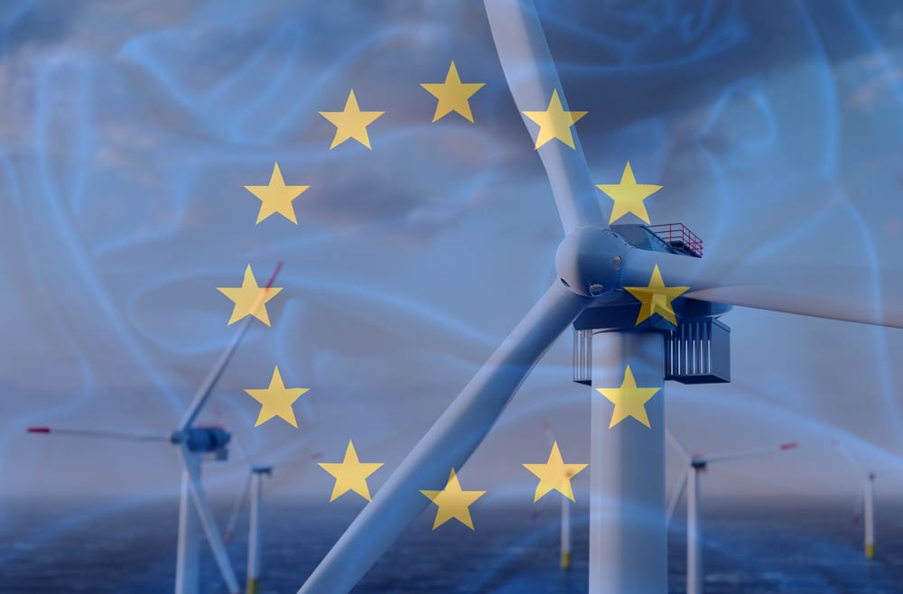 Offshore wind turbines with EU flag overlayed