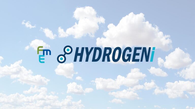 Hydrogeni logo overlayed on a partly cloudy sky.