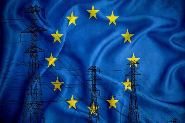 Power masts overlayed with an EU flag.