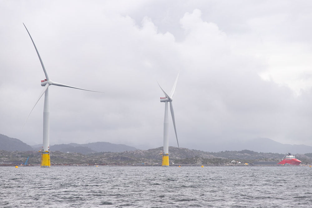 Two floating offshore wind turbines destined for the Hywind Tampen project.