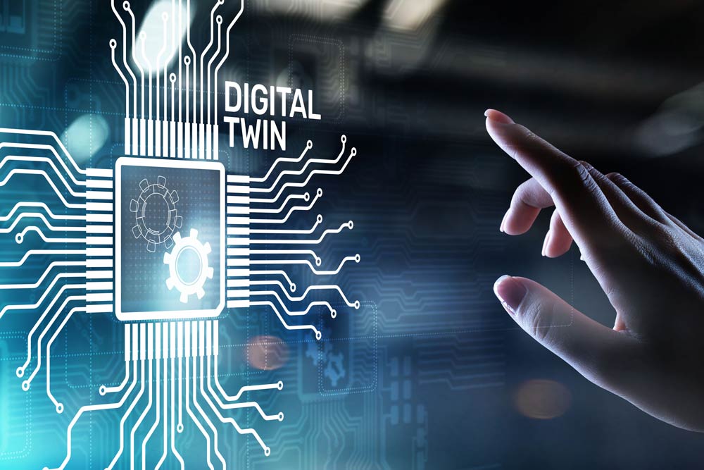 Artistic rendering of a hand pressing a "digital twin" button. Computer-generated image.