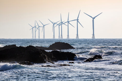 Offshore wind turbines near Jeju-si, Jeju-do, South Korea.