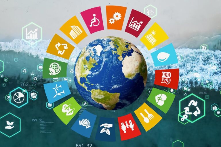 Shoreline image overlayed with Sustainable Development Goals-related icons.