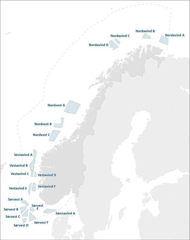 Areas suggested by NVE for offshore wind development. Illustration: NVE