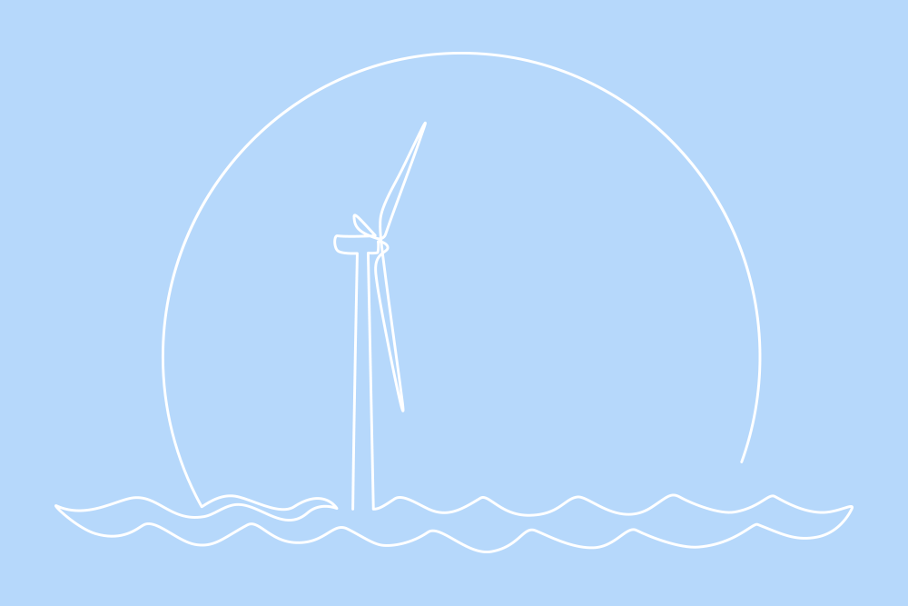 Line illustration of an offshore wind turbine.