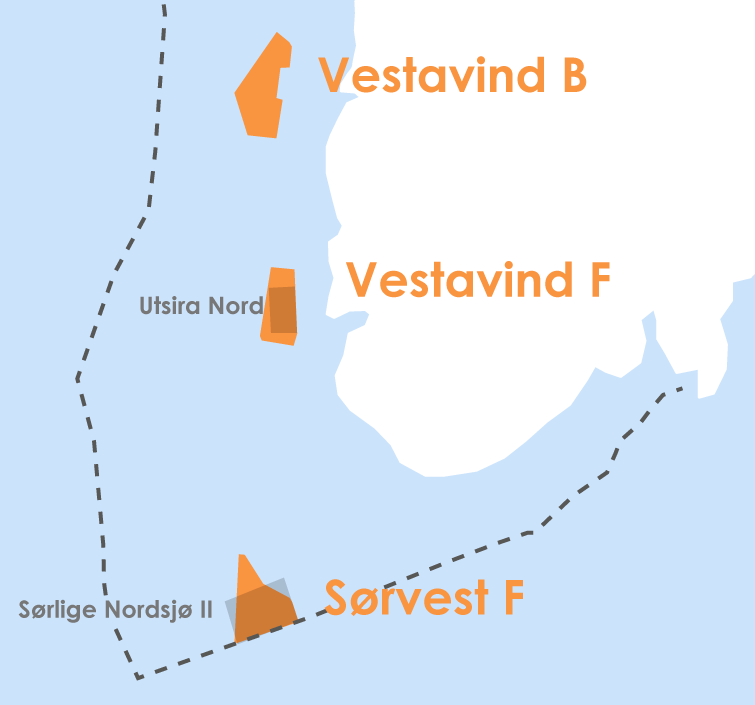 Map showing the three new areas considered for 2025, in orange, as well as the two already announced areas, overlayed in grey.