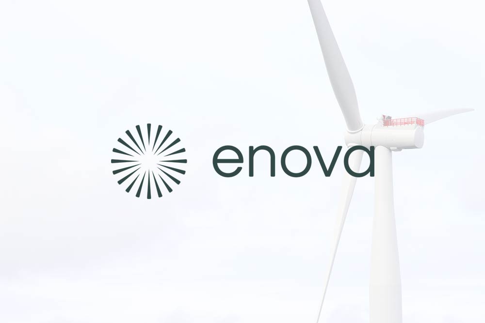 Enova logo, overlayed with an offshore wind turbine.