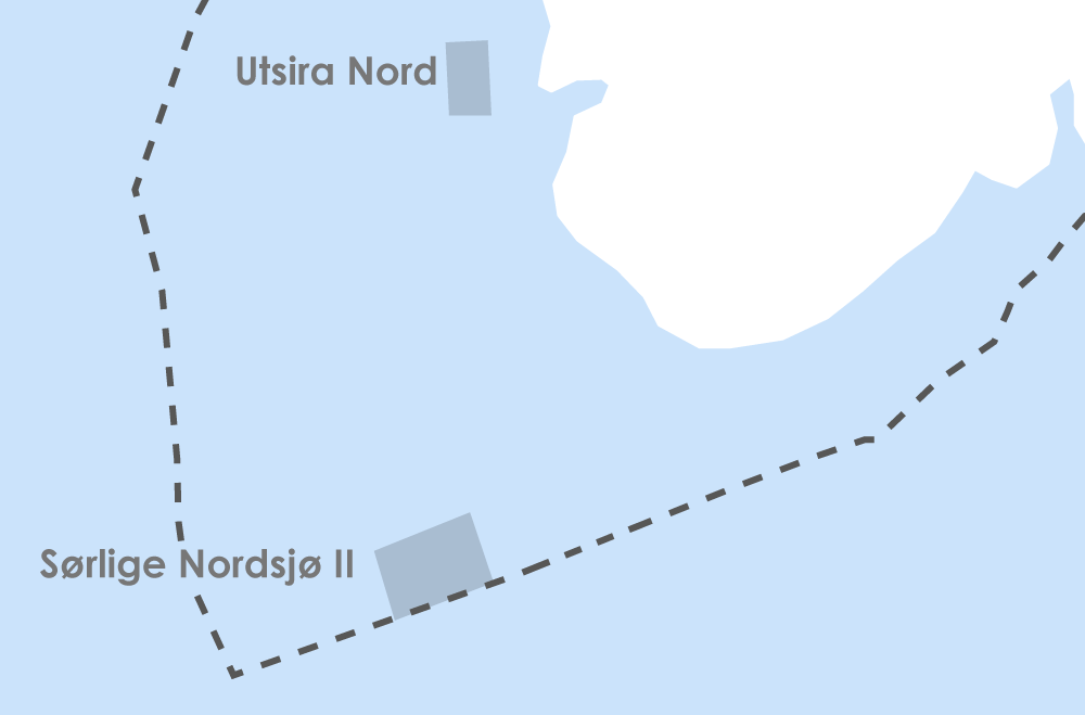 Map showing the placement of offshore wind areas Utsira Nord and Sørlige Nordsjø II.