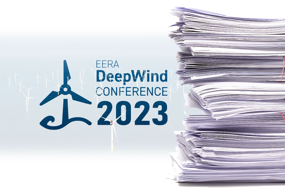 Composite image showing the EERA DeepWind 2023 logo with a stack of papers overlayed.