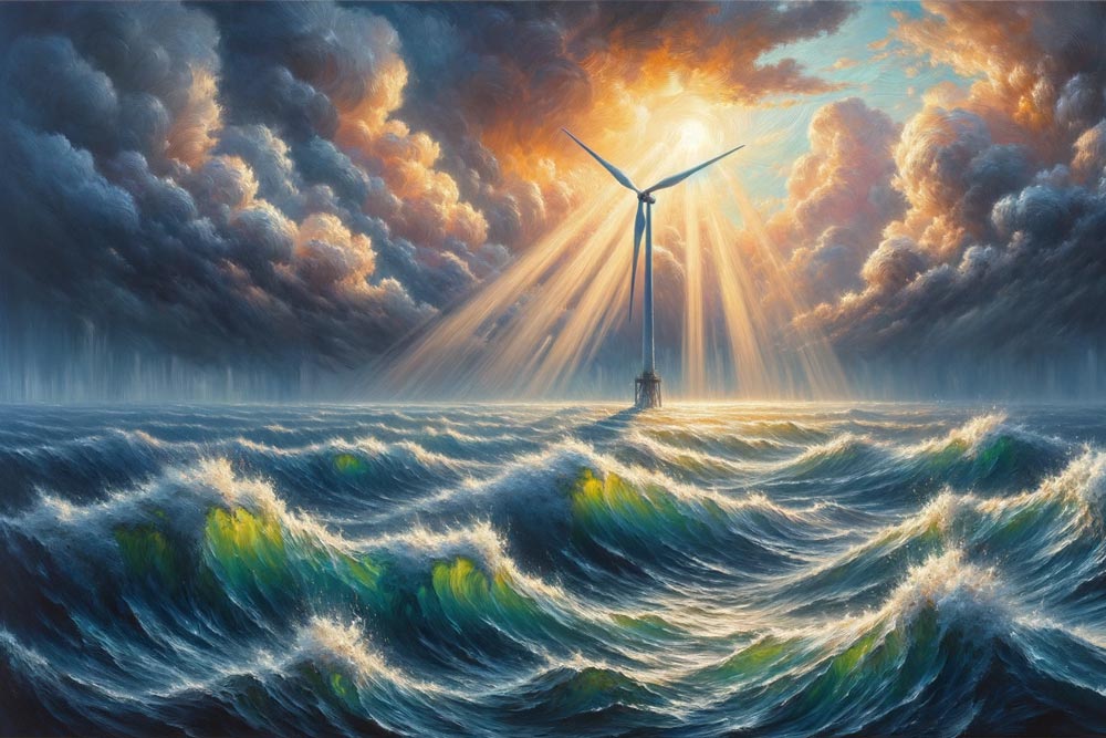 Oil painting of an offshore wind turbine with lots of waves.