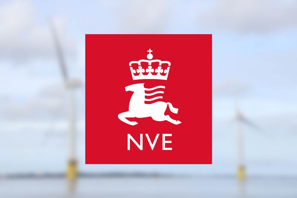 NVE logo overlayed on blurred image of offshore wind turbines.