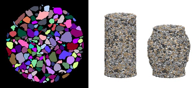Individual grains in 2D slice (left) and virtual triaxial sample (right).