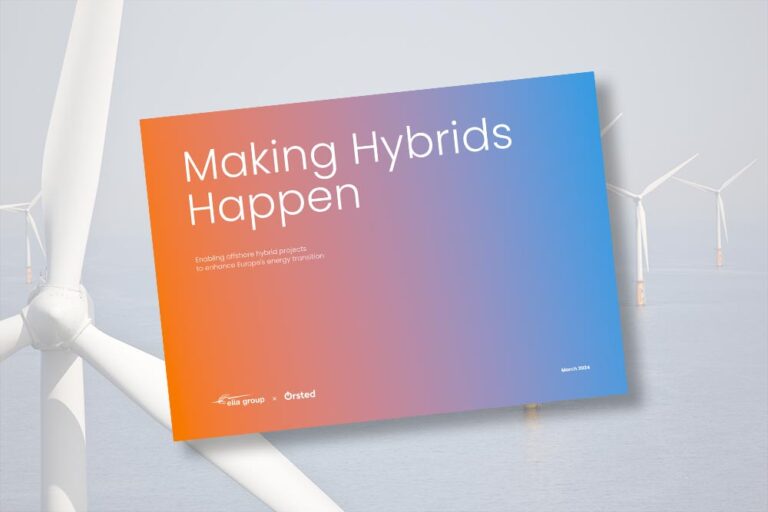Cover of the joint report "Making Hybrids Happen", by Elia Group and Ørsted, with an offshore wind farm image as underlay.